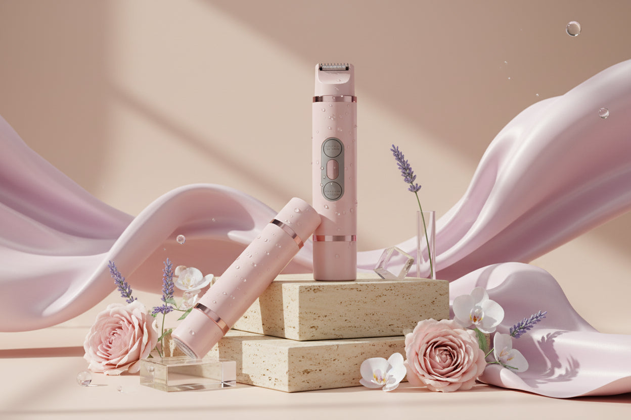 Pink grooming device with attachments on a light pink background