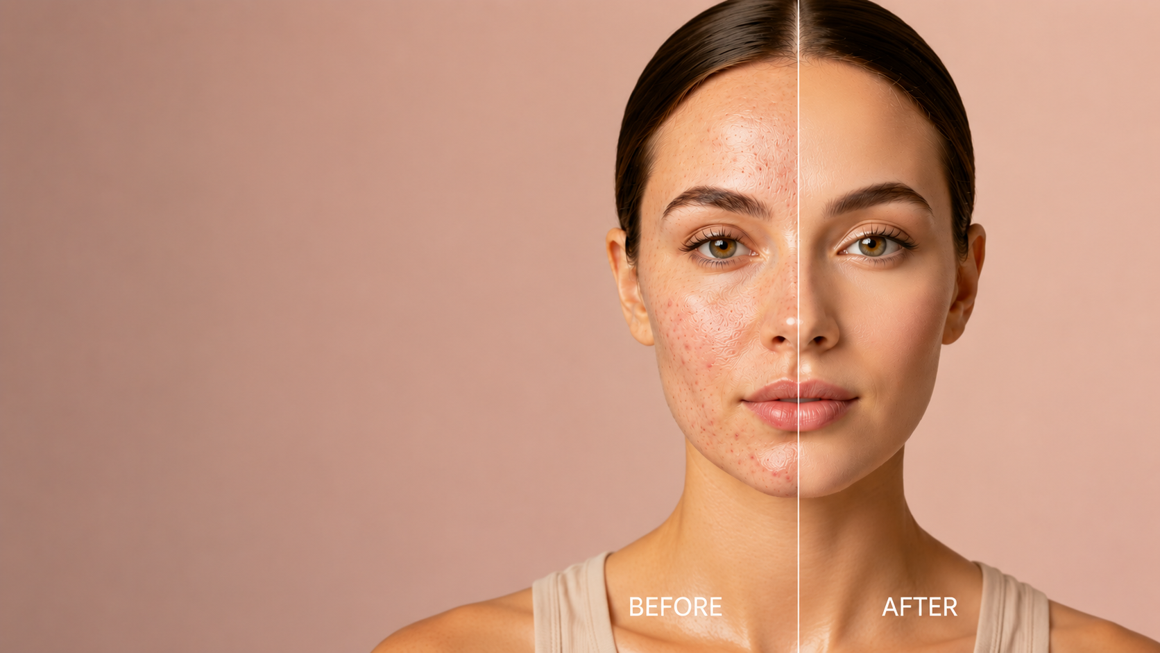 A split-screen before-and-after beauty comparison of a woman's face, showing acne and blemishes on the left side ('BEFORE') and clearer skin on the right side ('AFTER'), against a solid dusty pink background.