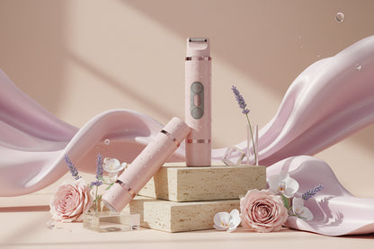 Pink grooming device with attachments on a light pink background
